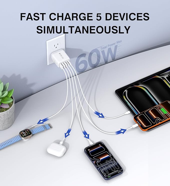 USB C Wall Charger Block, 2Pack 60W 5-Port C Charger Fast Charging Block PD Power Adapter +QC 3.0 Multiport Type C Box Brick Cube USB A Wall Plug for iPhone 15/16/17 Pro Max Plus, iPad,Samsung Galaxy