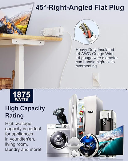 10FT Heavy Duty Extension Cord with Individual Switches on Off, 1875W Appliance Extension Cord with USB Ports, 8 outlets, High Wattage for Microwave, Aquarium, Kitchen, Garage Must Have