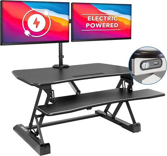 Mount-It! Electric Standing Desk Converter with Dual Monitor Arms for 2 Screens (Max 32"), Large 35.4" Wide Desktop, Motorized Stand Up Desk Riser, Keyboard Tray, USB, Black Stand up Desk Convertor