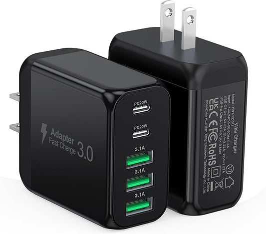 [2-Pack]60W USB C Wall Charger Block, 5-Port C Charger Fast Charging Block PD Power Adapter +QC 3.0 Multiport Type C Box Brick Cube USB A Wall Plug for iPhone 14/15/16/17 Pro Max,Samsung Galaxy(Black)