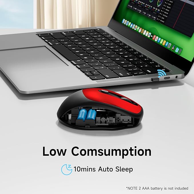 memzuoix Wireless Mouse, 2.4GHz Nano Receiver, 3 DPI Levels (800/1200/1600), 6 Buttons, Compatible with PC/Mac/Laptop - Red