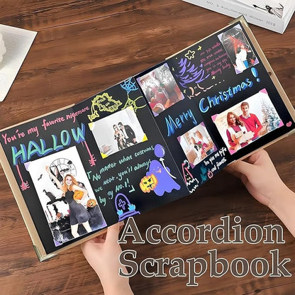 99+ Inch Accordion Foldable Scrapbook Album - Stretchable Foldable Photo Album with DIY Material Kit Handmade Memory Book Gift Set for Scrapbooking Journaling & Gifting(Black)