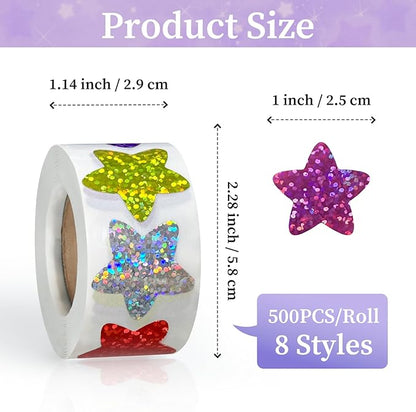 500PCS Multi-Color Star Stickers for Kids Reward, 1 inch Foil Shiny Glitter Star Stickers for DIY, Crafts, Birthday Party, Envelope Seal, School and Classroom Teacher Supplies, 8 Colors