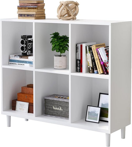Wood Cube Storage Organizer White Bookshelf - 2-Tier Freestanding Storage Cabinet with Legs for Home Office, 6-Cubes Open Shelf
