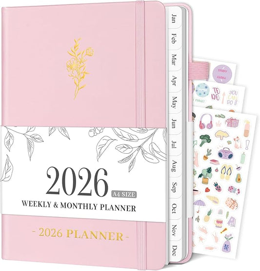2026 Planner Weekly and Monthly, 8.5" x 11" Academic Planner with Tabs from Jan 2026 - Dec 2026, A4 Large Hardcover Agenda Calendar with Date for School & Office Schedule, Pink