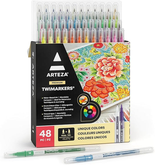 ARTEZA Dual Tip Brush Markers – Set of 48 Pens with Fine and Brush Tips, Water-Based Ink for Coloring, Sketching, Lettering & Journaling