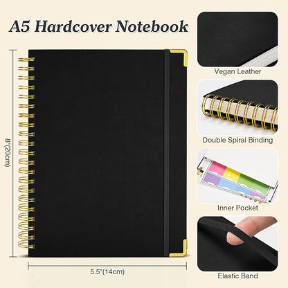 Bullet Dotted Journal Spiral Notebook, 300 Pages Leather Notebooks with Contens, 120 GSM Thick No Bleed Through Paper Journals, A5 Dot Grid Notebook for Women Men School Work Writing, 5.5" x 8", Black