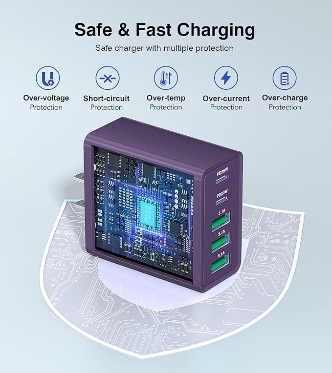 [2-Pack] USB C Wall Charger, 60W Charger Block 5-Port PD Fast Charging Blocks,Multiport 2USB C+3USB A Plug,Type C Power Adapter Brick Cube for iPhone 17/16/15/14/13/Pro,Samsung,for Switch（Purple）