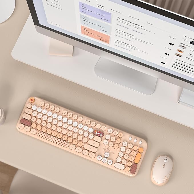 MOFII Wireless Keyboard and Mouse Combo, Full Size 2.4G Plug and Play Typewriter Retro Round Computer Keyboard and Mouse Set for Windows, Computer, Desktop, PC, Notebook - (Milk Tea Colorful)