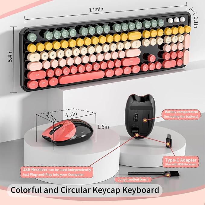Wireless Keyboard and Mouse, MOFII 104 Round Keycaps Retro Typewriter with OTG & Brush, Full-Size Ergonomic, Ideal for Windows PC, Home, Office and College Rainbow Red