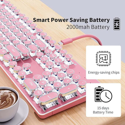 TK950 Wireless Typewriter Keyboard and Mouse Combo, 104 Keys Retro Typewriter Mechanical Keyboard with White Backlit, Anti-Ghosting, Blue Switch, Bluetooth/2.4G/Wired Cute Gaming Keyboards-Pink