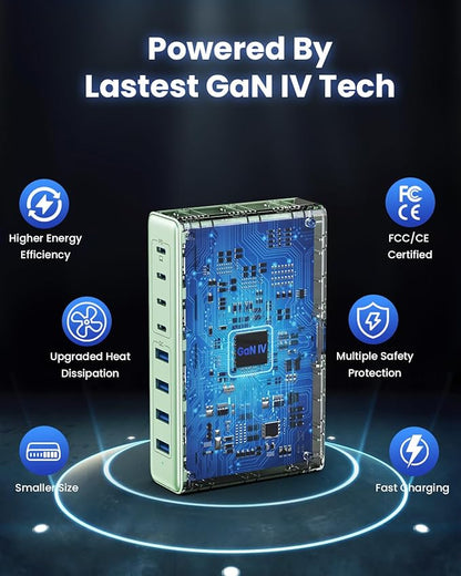 200W USB C Charger Block,GaN IV Charging Station 8 Ports,QC4.0 Fast Charging Station Hub+PD 65W USB C Laptop Charger Adapter Compatible with MacBook Air/Pro,DELL,iPhone 17/16/15,iPad,Steam Deck-Green