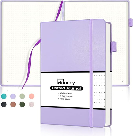 Annecy Numbered Bullet Dotted Journal Notebook, Medium 5.5x 8.25, 160 Pages 100GSM Writing Paper, A5 Purple Faux Leather Cover with Pen Loop