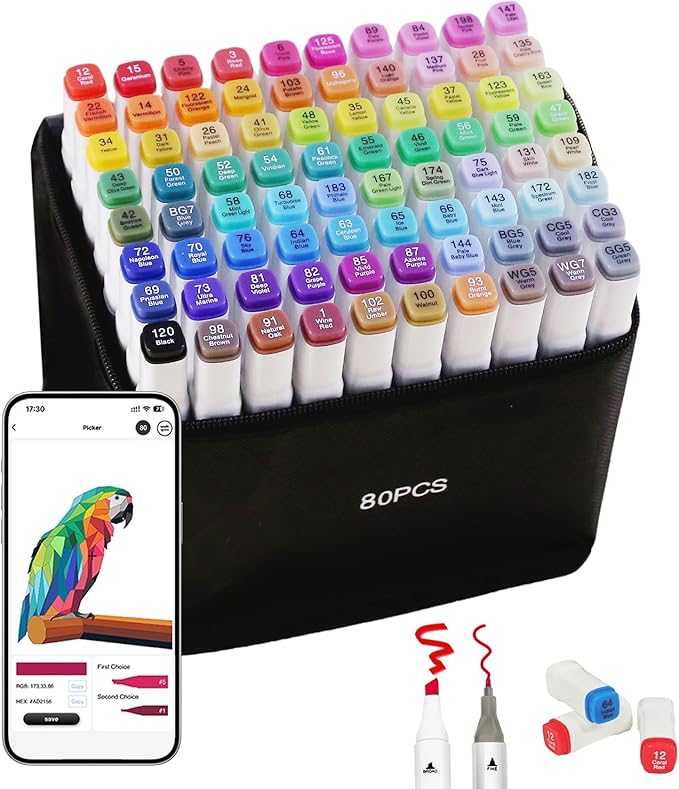 Alcohol Markers with APP, 80 Colors Dual Tip Art Marker for Adults Coloring Books, Alcohol Based Illustration Markers Set for Adult Artist Drawing Sketching Painting Lettering Cards