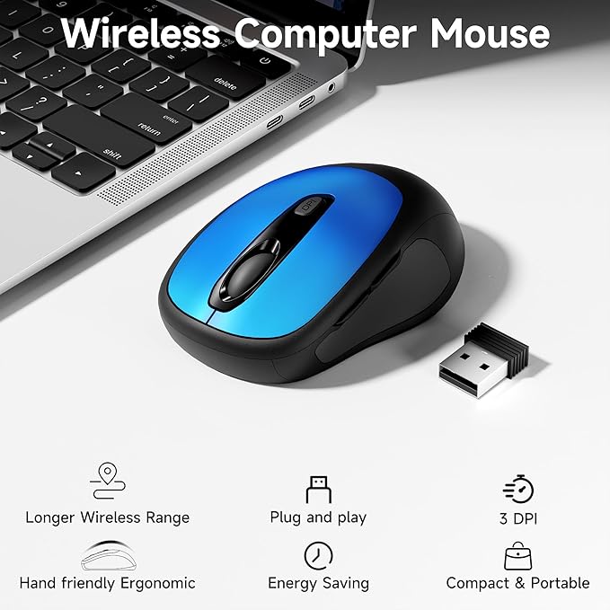 memzuoix Wireless Mouse, 2.4GHz Nano Receiver, 3 DPI Levels (800/1200/1600), 6 Buttons, Compatible with PC/Mac/Laptop (Blue)