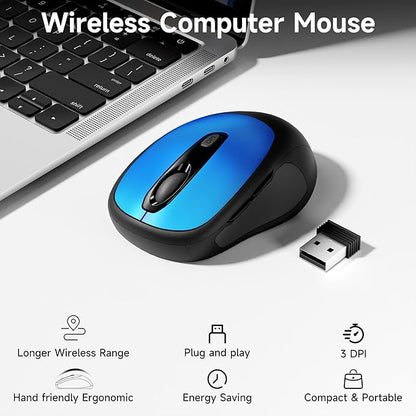 memzuoix Wireless Mouse, 2.4GHz Nano Receiver, 3 DPI Levels (800/1200/1600), 6 Buttons, Compatible with PC/Mac/Laptop (Blue)