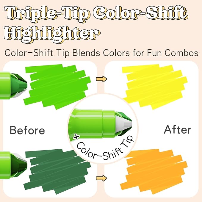 24-Color Triple-Tip Highlighters Assorted Colors, 6-Pack No-Bleed Highlighters with 2 Highlight Tips & 1 Color-Shift Tip for Journaling, Note Taking, Drawing & Planning