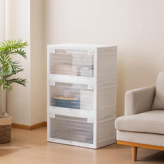 3-Tier 101QT Stackable Storage Bins with Lid, Doors & Wheels, Collapsible Plastic Organizer Bins for Closet Bedroom, White