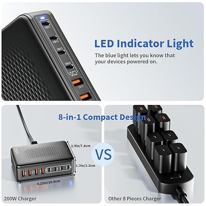 USB C Charger Block, 200W GaN 8 Port USBC Charging Station USB Hub Block Cube with PD3.0 Type C & USB A Wall Charger Power Adapter for Multiple Devices Apple iPhone 17/16/15,MacBook Pro/Air,iPad-Black