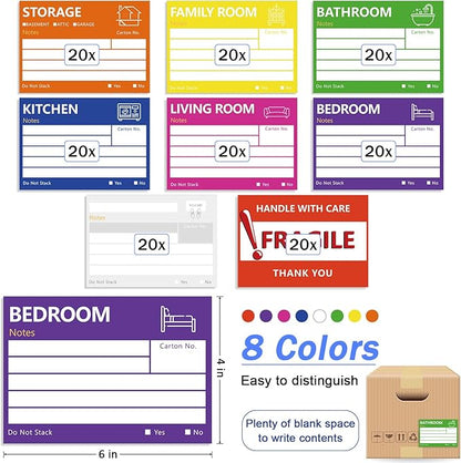 6 x 4 in Large Moving Labels for Boxes, Home Moving Packing Color Coded Stickers Supplies Labels with Writable Notes Areas, Fragile Blank Moving Boxes Stickers 160pcs