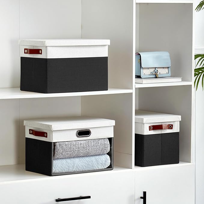 Fabric Clear Window Storage Bins with Lid, Closet Storage Box Linen Closet Baskets with 3 Handles for Organizing Clothing, Jeans, Shelves 15''- 3 Pack (Black and White)