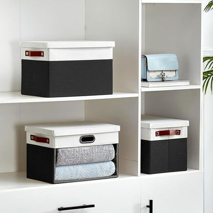 Fabric Clear Window Storage Bins with Lid, Closet Storage Box Linen Closet Baskets with 3 Handles for Organizing Clothing, Jeans, Shelves 15''- 3 Pack (Black and White)