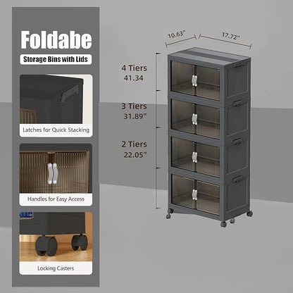 Stackable Storage Bins with Lid & Drawers, Large Foldable Collapsible Storage Containers Bin with Doors & Wheels, Folding Plastic Storage Boxes for Home, Pantry, Office (S, Gray 4-Tier)