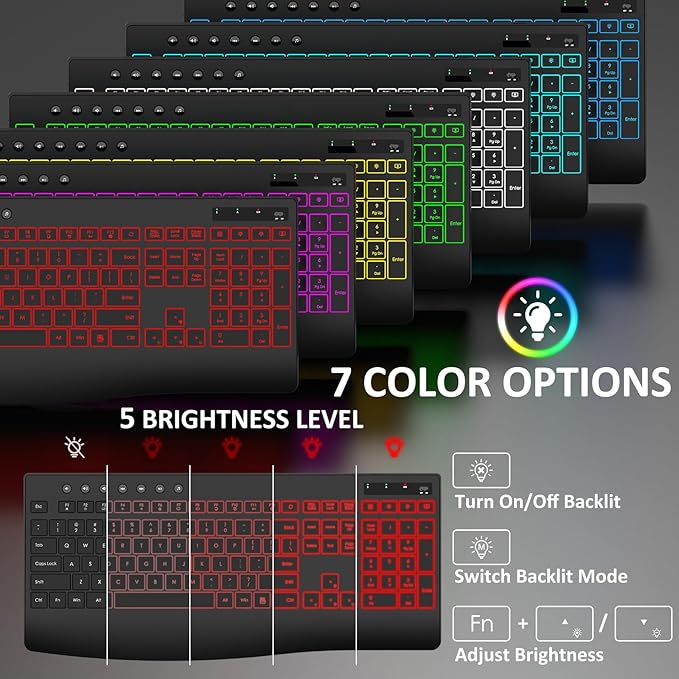 Wireless Keyboard and Mouse Combo, 9 Backlit Effects, Rechargeable 4000mAh Backlit Keyboard with Wrist Rest, 6 Button Mouse, 2.4G Full Size Quiet Keyboard Set for Computer, PC, Laptop, Mac, Windows