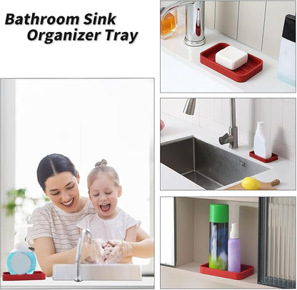 Silicone Kitchen Sink Organizer Tray for Multiple Usage,Easy Clean Sponges Holder for Kitchen Bathroom Counter or Sink,Dish Soap Dispenser,Scrubber,Bottle,Cup Red 4.9”x 3.2”