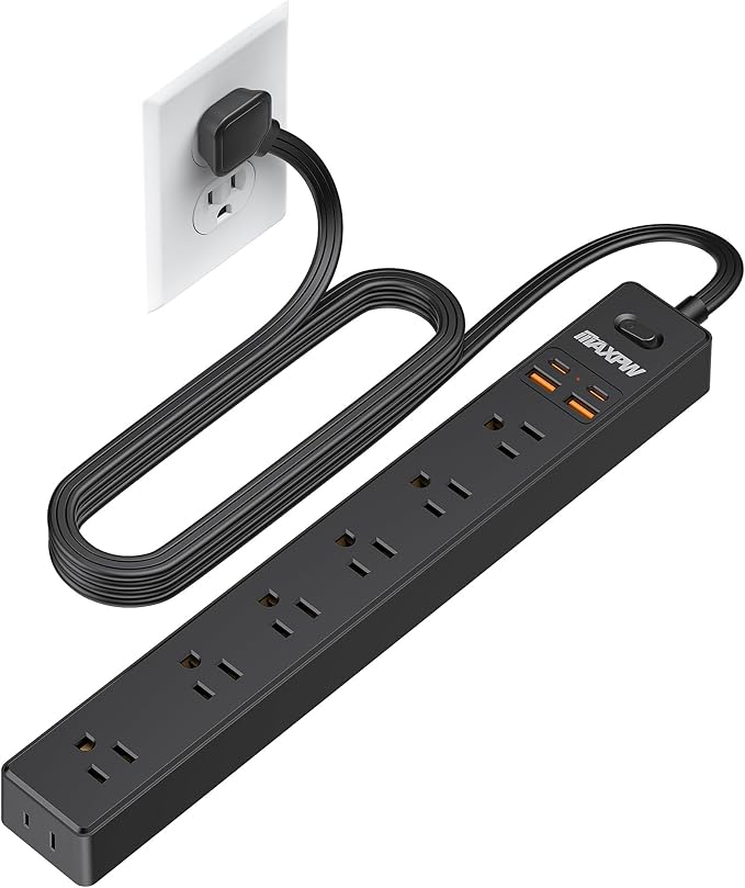 6 Ft Power Strip Surge Protector - 7 Outlets 4 USB Ports (2 USB C), Ultra Thin Flat Extension Cord & Flat Plug, 1700 Joules, Wall Mount, Desk Charging Station for Home Office Dorm, Black