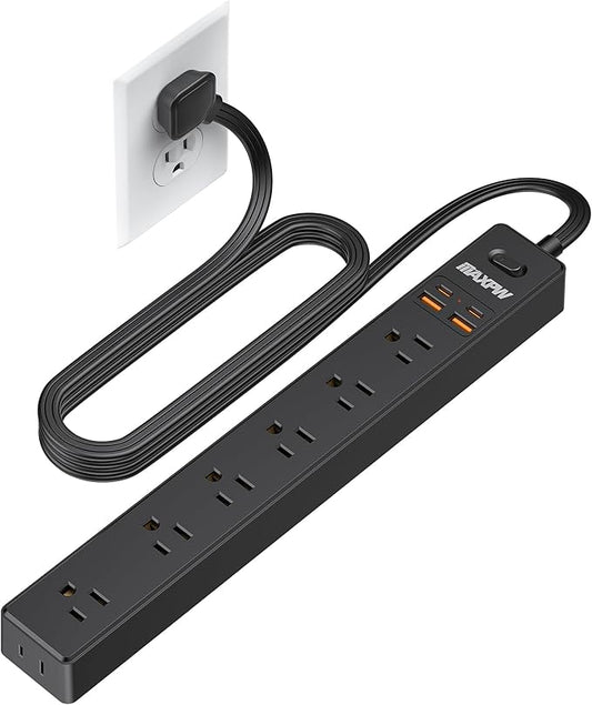 6 Ft Power Strip Surge Protector - 7 Outlets 4 USB Ports (2 USB C), Ultra Thin Flat Extension Cord & Flat Plug, 1700 Joules, Wall Mount, Desk Charging Station for Home Office Dorm, Black