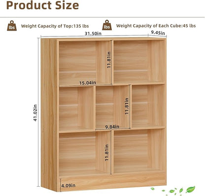 LEYAOYAO 7 Cube Bookshelf with Base,3 Tier Mid-Century Modern Natural Bookcase,Standing Wide Bookshelves Storage Organizer Shelf,Rustic Wood Display Cabinet Book Shelves for Bedroom,Living Room,Office