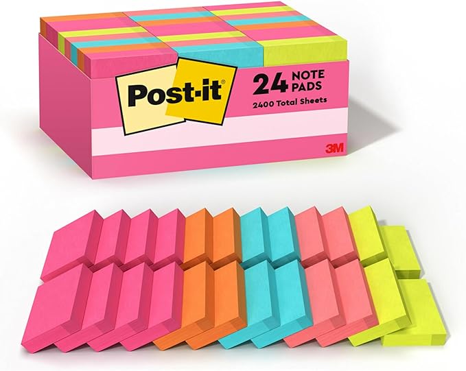 Post-it Mini Notes, 1 3/8 x 1 7/8 in, 24 Pads, America's #1 Favorite Sticky Notes, Poptimistic Post-it Notes, Aqua Blue, Vital Orange, Neon Green, Guava Pink