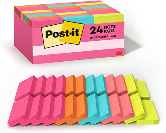 Post-it Mini Notes, 1 3/8 x 1 7/8 in, 24 Pads, America's #1 Favorite Sticky Notes, Poptimistic Post-it Notes, Aqua Blue, Vital Orange, Neon Green, Guava Pink
