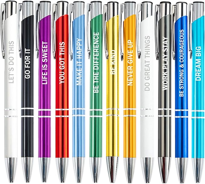 PASISIBICK 12 Pieces Inspirational Motivational Quote Ballpoint Pens Gifts Encouraging Metal Writing Pen for Students Coworkers Teacher Bosses, 12 Colors