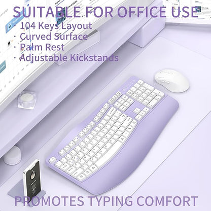 Ergonomic Wireless Keyboard and Mouse Combo, Wave Keys Keyboard with Wrist Rest for Natural Typing, 3 DPI Adjustable Ergonomic Silent Mouse for Computer/Laptop/Windows/Mac (Purple)
