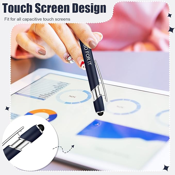 Zonon 12 Pcs Inspirational Pens Bulk Funny Ballpoint Pen with Stylus Tip Motivational Gifts for Christmas Teacher Coworkers Nurse School Office Supplies(Navy,Motivational Style)