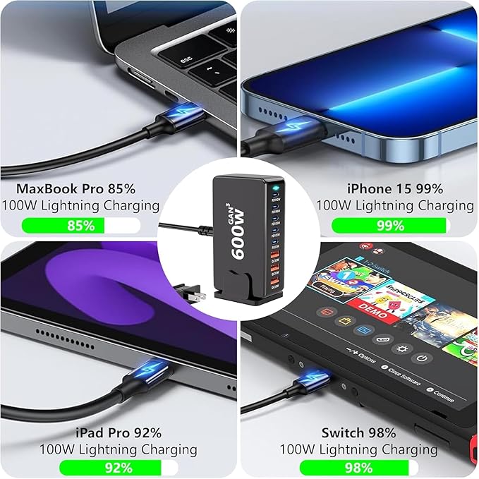 Famous TECH Shop 600W III PD 3.1 USB C Charger: 8 Port Fast Charging Hub | 5 USB-C + 3 USB-A Smart Power Delivery Multiport Adapter for MacBook Pro, iPhone 15, iPad, Samsung Galaxy, Laptop