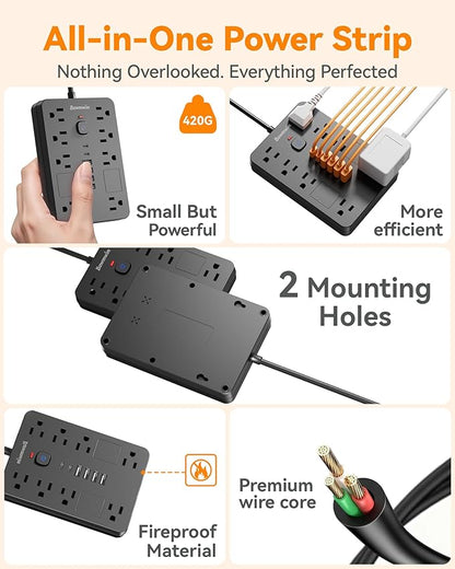 Surge Protector Power Strip - 8 Outlets(1850W/15A) with 6 USB Ports（2 USB C, 10FT Flat Plug Extension Cord, Wall Mount Multi Plug Outlet Extender, ETL Listed for Home, Dorm Room, Black