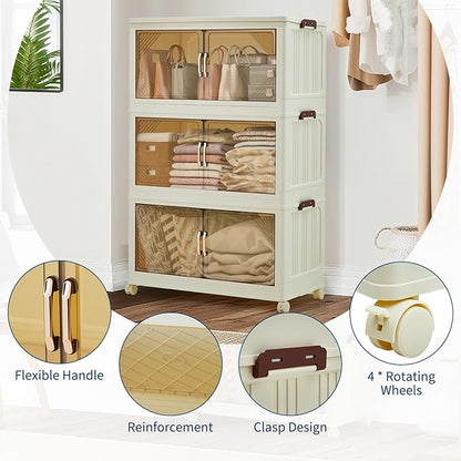 Garvee 243QT Stackable Storage Bins, Plastic Bins for Storage with Lids, Plastic Storages Drawers with Magnetic Doors & Wheels, Foldable Collapsible Closet Organizers for Home, Dorm, Office, White