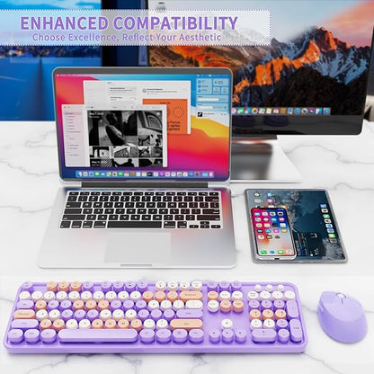 Wireless Keyboard and Mouse Combo, Retro Typewriter Keyboard with Round Keycaps, Full-Size Ergonomic, Purple, Ideal for Windows PC, Home, Office, and College
