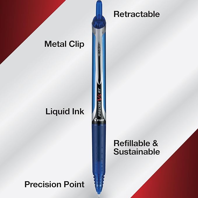 Pilot Precise V5 RT Refillable & Retractable Rolling Ball Pens, Extra Fine Point Pens, 0.5 mm, Black/Blue/Red/Green, Pack of 4 - Ideal for School, Journaling & Office Writing