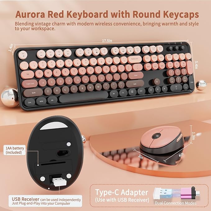 Wireless Keyboard and Mouse Combo, Retro Typewriter Keyboard with Round Keycaps, Full-Size Ergonomic, Aurora Red, Ideal for Windows PC, Home, Office, and College