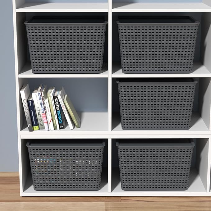 6-Pack Large Plastic Storage Baskets Bins with Lid, Ideal for Barthroom, Kitchen, Pantry, Closets, Organizing, Gray