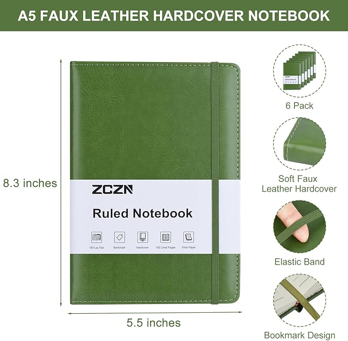 ZCZN 6 Pack Lined Journal Notebooks, 192 Pages A5 Hardcover Leather Journals for Work,Writing,School & Travel, College Ruled Journaling Notebooks for Notes Taking,Diary Journal (Black+Brown+Green)*2