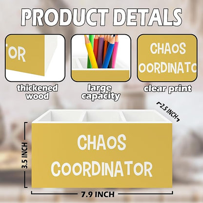 Chaos Coordinator Yellow Pen Pencil Holder Organizer for Desk, Thank You Gifts for Women Men Coworkers Boss Leader Manager, Appreciation Gifts Wooden Box Sign for Office Tabletop Decorations