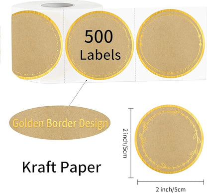 2" Kraft Label Stickers for Jars and Lids, 6 Different Gold Border Designs, Kraft Sticker Labels use for Pantry, Mason Jars, Canning, Bottles- 500pcs