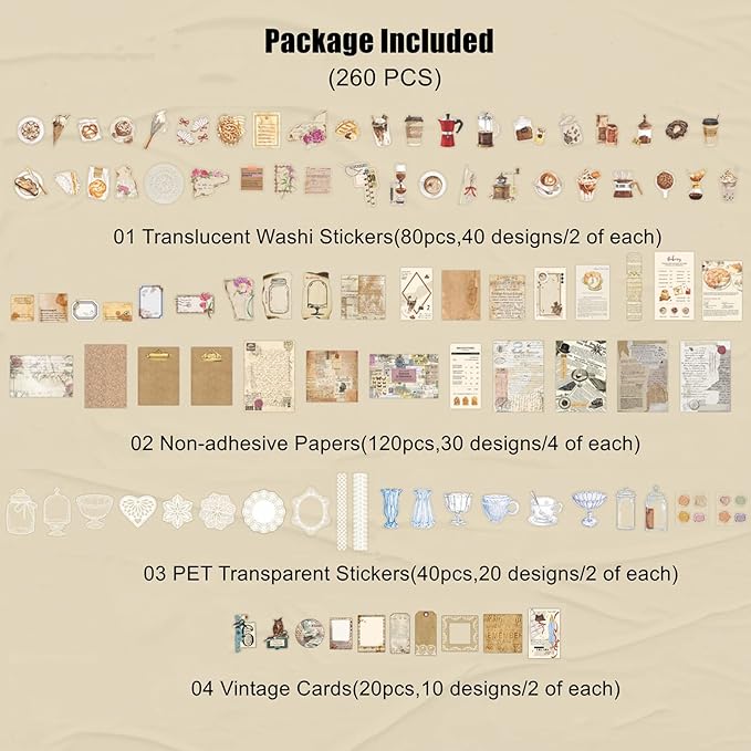 260PCS Vintage Journaling Scrapbooking Supplies Scrapbook Sticker Paper Ephemera Pack for Bullet Junk Journal Planners Collage Craft Notebooks Album (Coffee and Bread)
