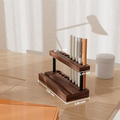 Pencil & Pen Holder for Desk, Solid Walnut Pen Display Stand with 9 Slots and Cell Phone Holder, Aesthetic Pen Organizer for Minimalist Office Desk Decor