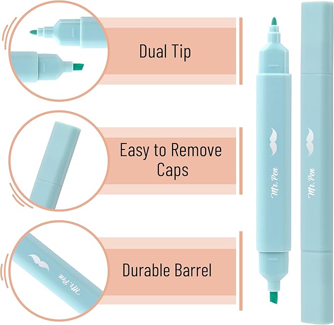 Mr. Pen- Aesthetic Bible Highlighters No Bleed Through Assorted Color, 8pcs, Ocean Dune, Cute Highlighter Dual Tip for Journaling Supplies and School Accessories, Bible Highlighters and Pens No Bleed